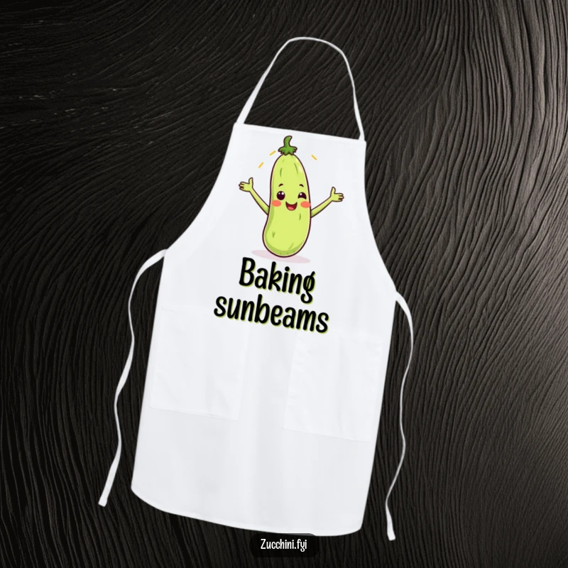 Funny apron with a smiling zucchini catching a sunbeam, perfect for adding sunny humor to kitchen activities.