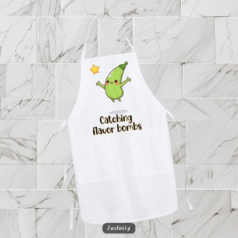 Funny Jumping Zucchini Apron: A zucchini jumps to catch a falling star, bringing humorous inspiration to kitchen tasks and culinary adventures.