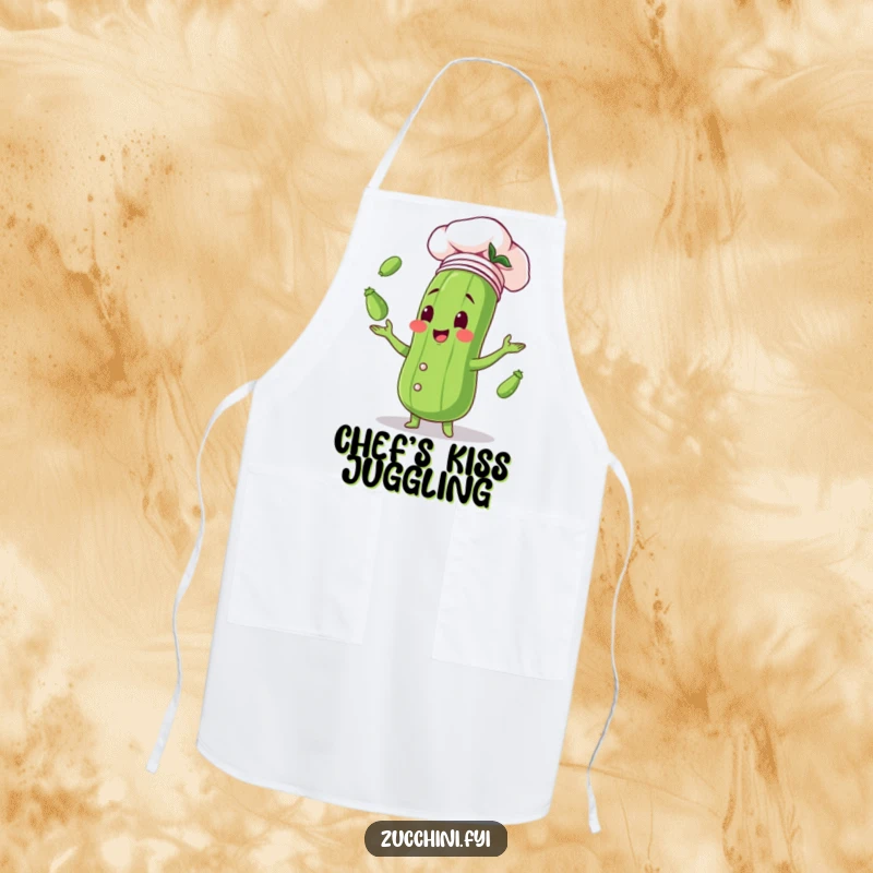 Funny apron designed with a zucchini wearing a chef hat, gleefully juggling small zucchinis, ideal for protecting clothes with humor.