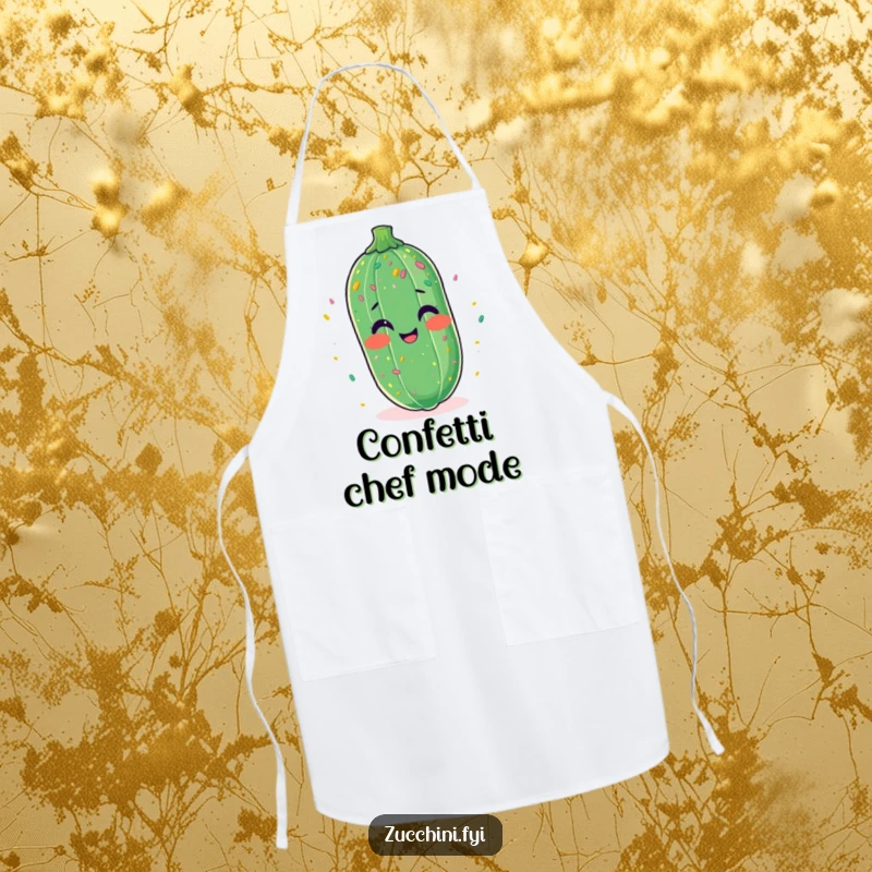 Funny apron with a zucchini laughing heartily, completely adorned with festive confetti.