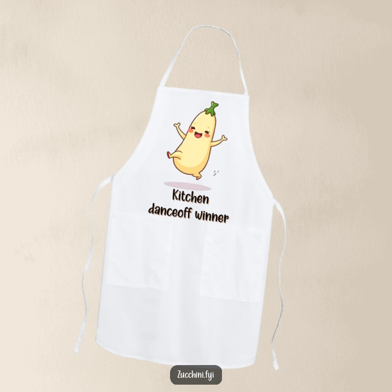 Funny Apron with a dancing zucchini enthusiastically performing a high kick with joyful energy.
