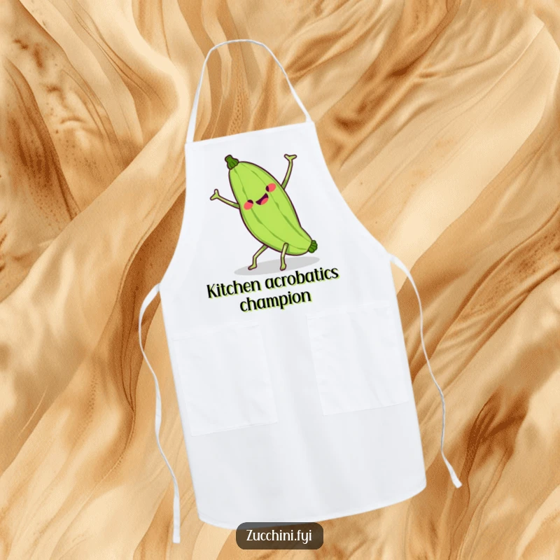 Funny kawaii zucchini attempting a comical cartwheel while wearing an apron, its wobbly limbs adding to the humor.