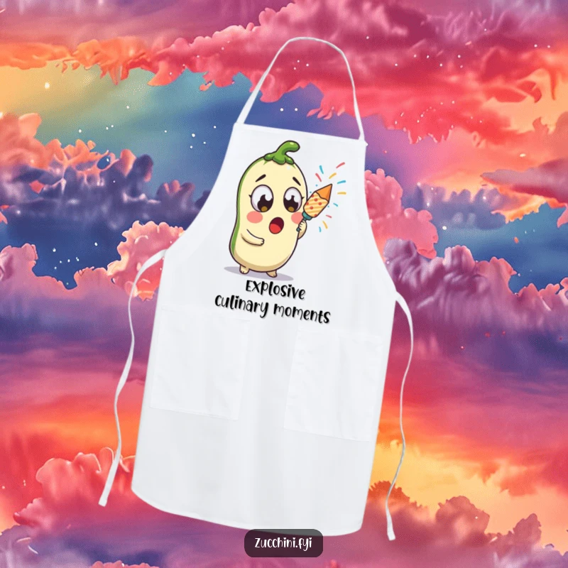 Funny surprised kawaii zucchini holding a confetti popper, ready to celebrate while wearing this humorous apron.