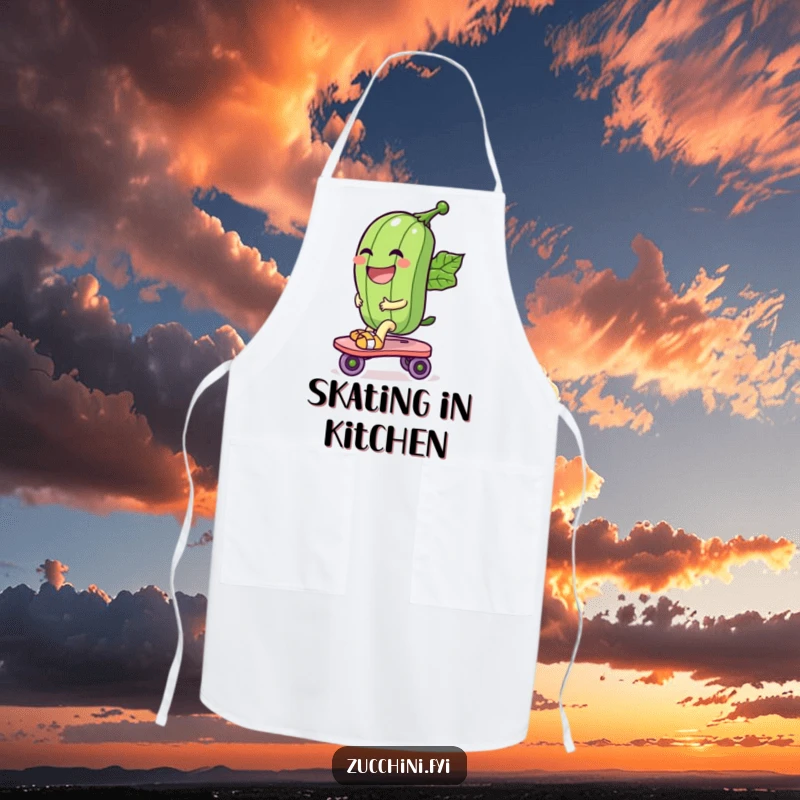Funny apron featuring a laughing zucchini character riding a leaf roller skate, ideal for adding humor to cooking and kitchen tasks.