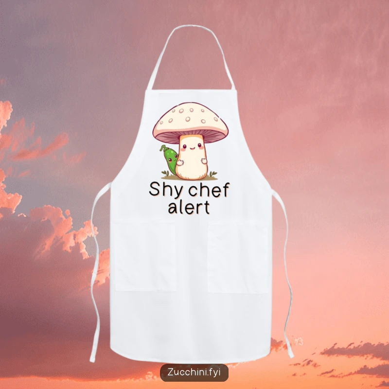 Funny apron decorated with a shy zucchini peeking from behind a smiling mushroom, ideal for kitchen humor and protection.
