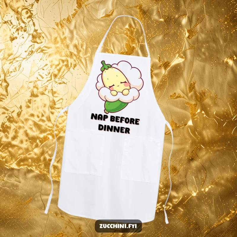 Funny sleepy zucchini apron depicting a drowsy zucchini on a cloud, great for kitchen tasks with a humorous, dreamy flair.