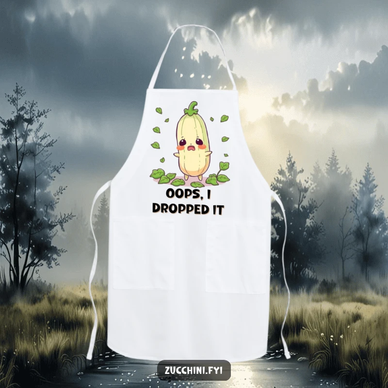 Funny startled zucchini apron showing a shocked vegetable with leaves flying, perfect for kitchen protection and laughs.