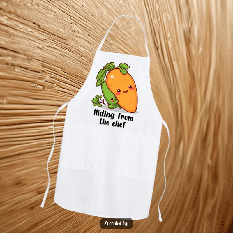 Funny Apron with a sneaky zucchini peeking from behind a giant, smiling carrot, enjoying a playful prank.