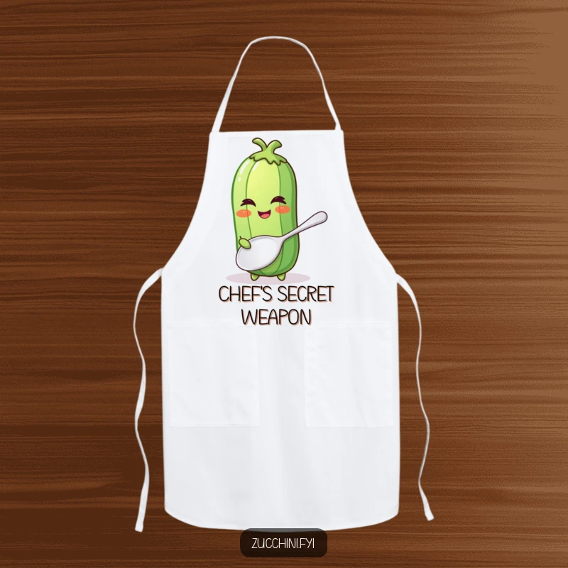 Funny apron with a winking zucchini character holding a comically oversized spoon, ready for hilarious kitchen adventures.