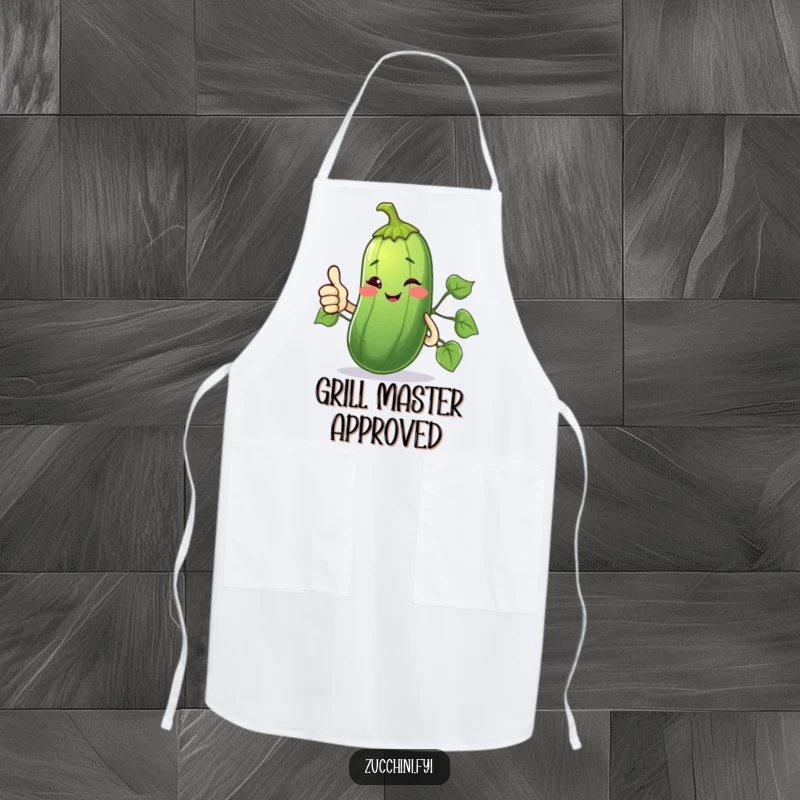Funny Apron with a winking zucchini giving a thumbs up with its vine, conveying approval and fun.