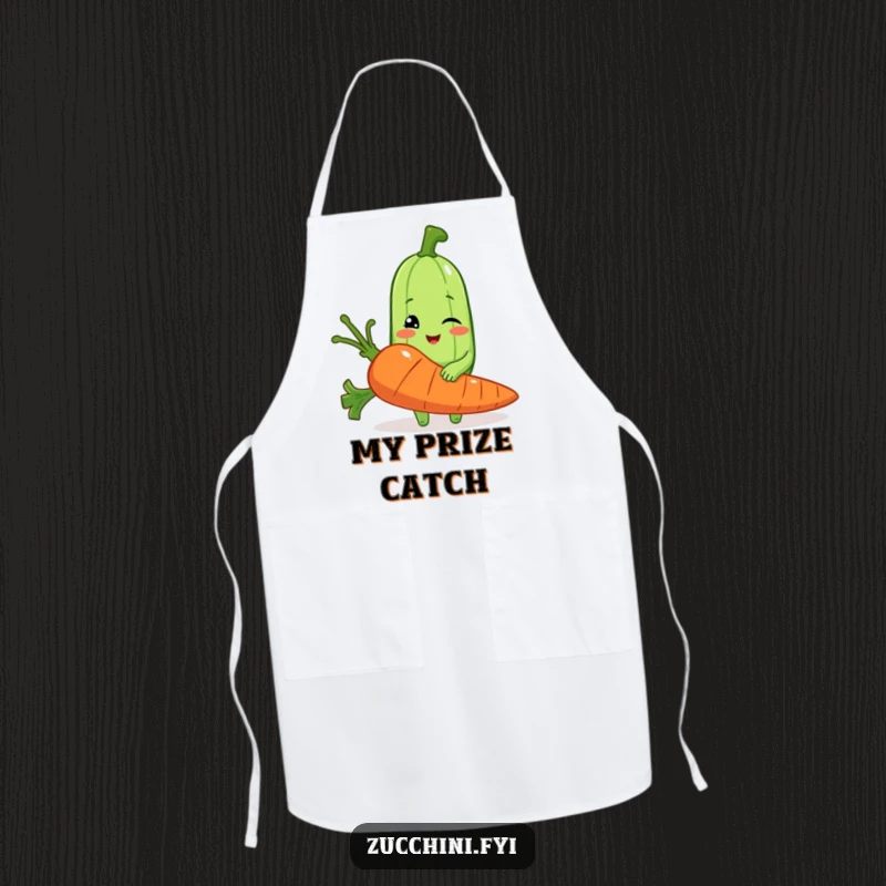 Funny apron with a winking zucchini holding a comically large carrot, ideal for humorous kitchen activities.