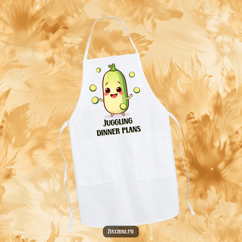 Funny Kawaii zucchini apron with a happy juggling character, perfect for kitchen use and adding humorous charm as a gift.