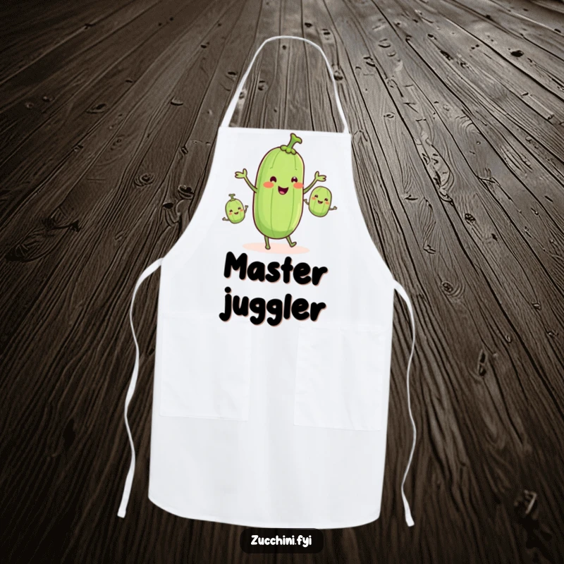 Funny zucchini juggling smaller zucchinis, featured on a kitchen apron, adding humorous veggie fun, funny gift.