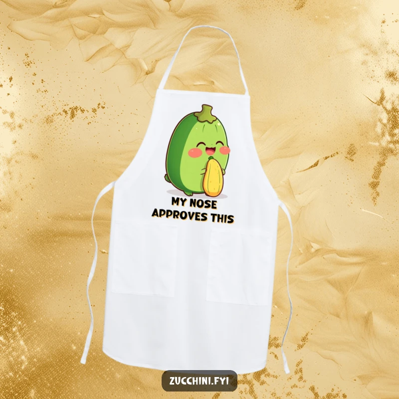 Funny apron showcasing a zucchini giggling while balancing a miniature zucchini on its nose, adding humor to kitchen tasks.