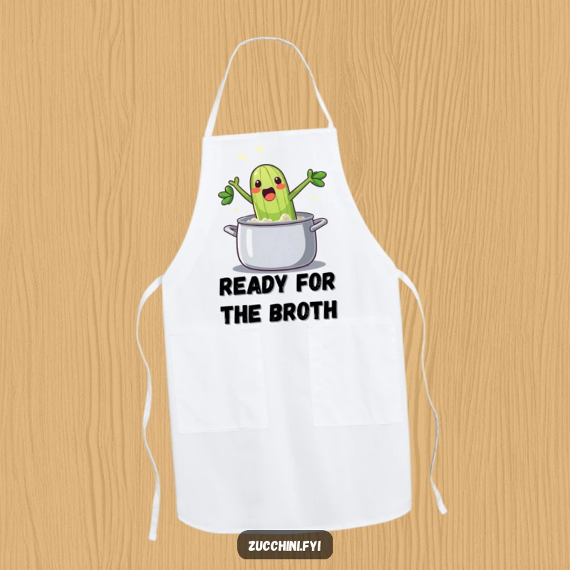 Funny zucchini apron: a steaming, excited vegetable jumping into its cooking pot with a splash, protecting you with playful humor.