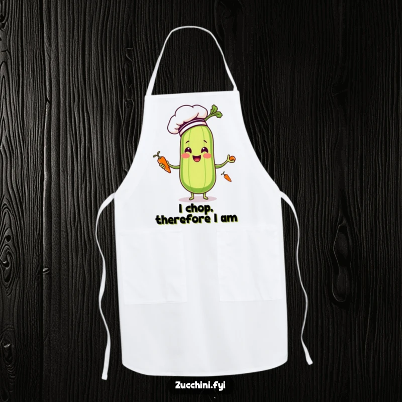 Funny zucchini wearing a chef hat, expertly juggling carrots on a practical and humorous kitchen apron.