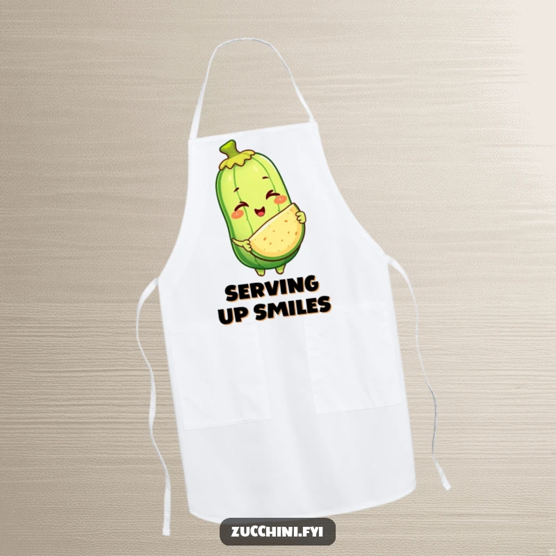Funny apron featuring a winking anthropomorphic zucchini character offering a slice of itself, adding a humorous and generous element to kitchen activities.