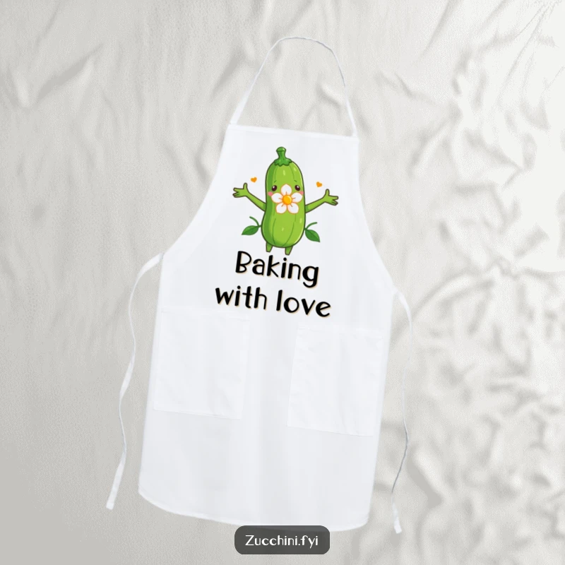 Funny apron with a zucchini holding its arms wide to hug a pretty blooming flower.