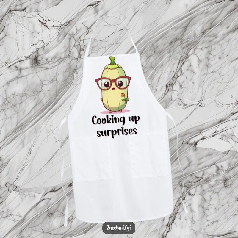 Funny apron designed with a zucchini wearing oversized glasses, showing a surprised reaction to a tiny sprout, ideal for kitchen protection and amusement.