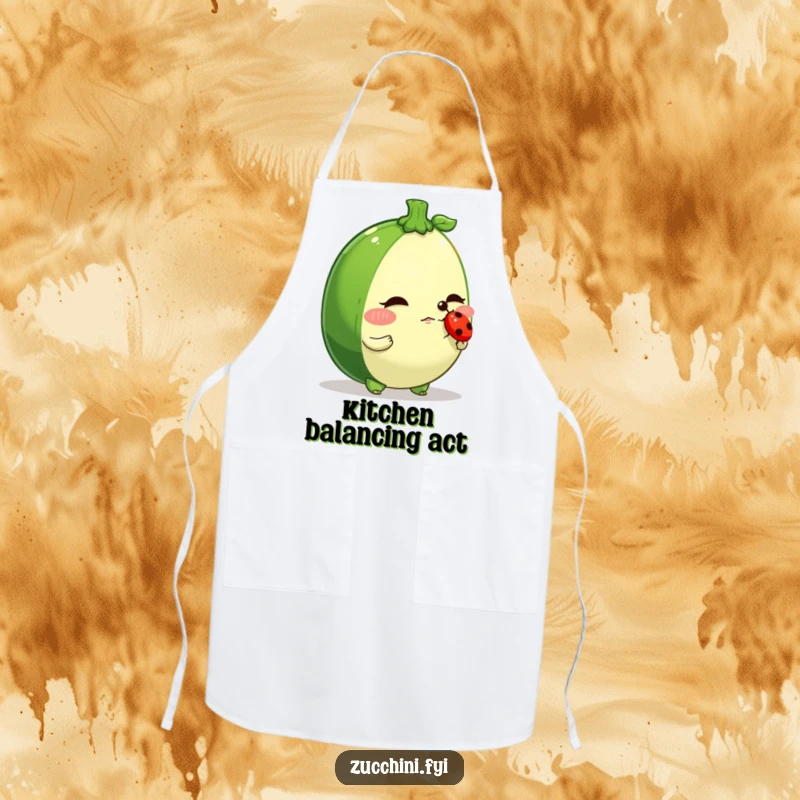 Funny zucchini apron, a determined veggie character balancing a ladybug on its nose, ideal for humorous kitchen tasks.