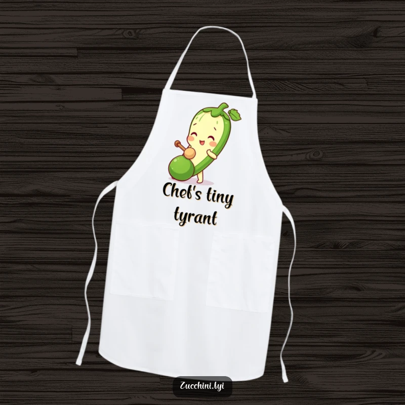 Funny Zucchini Mallet Apron with a zucchini character playfully bopping a miniature zucchini with a tiny mallet.