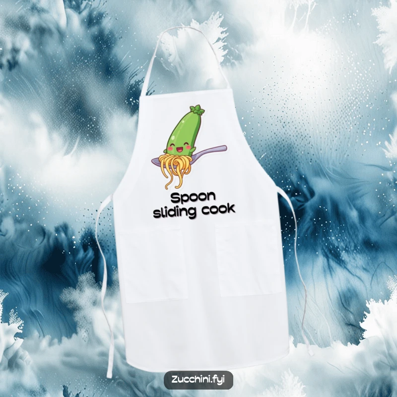 Funny apron featuring a happy zucchini noodle character in a playful slide down a spoon, perfect for adding humor to cooking tasks.