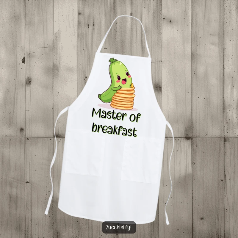 Funny apron featuring a determined zucchini balancing a wobbly stack of pancakes, ideal for kitchen adventures.