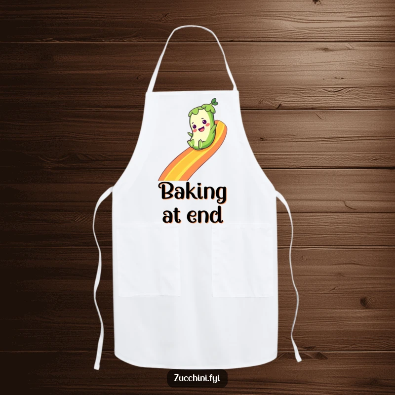 Funny apron designed with a zucchini character joyfully sliding down a vibrant rainbow, ideal for kitchen protection with a touch of magic.