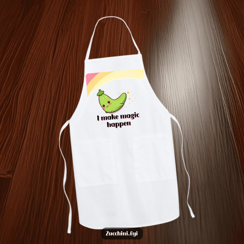 Funny apron featuring a zucchini character sliding down a rainbow, leaving sparkles, ideal for adding humor to kitchen tasks.