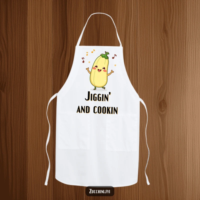 Funny apron designed with a smiling zucchini character happily jigging amidst musical notes, ideal for keeping clothes clean with a laugh.