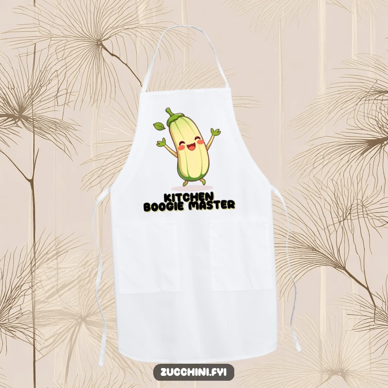 Funny Zucchini Apron showing a cartoon zucchini joyfully dancing and moving its leaves, designed for humorous kitchen adventures.