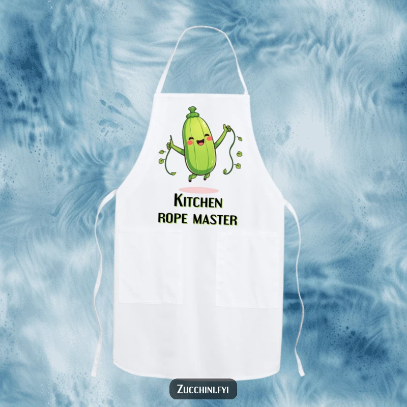 Funny apron featuring a giggling zucchini character jumping rope with a vine, ideal for adding humor to cooking and kitchen tasks.