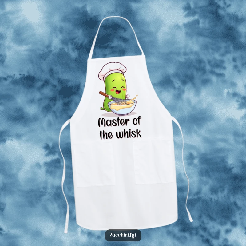 Funny chef zucchini wearing a hat, whisking batter, a humorous and practical apron for cooking.