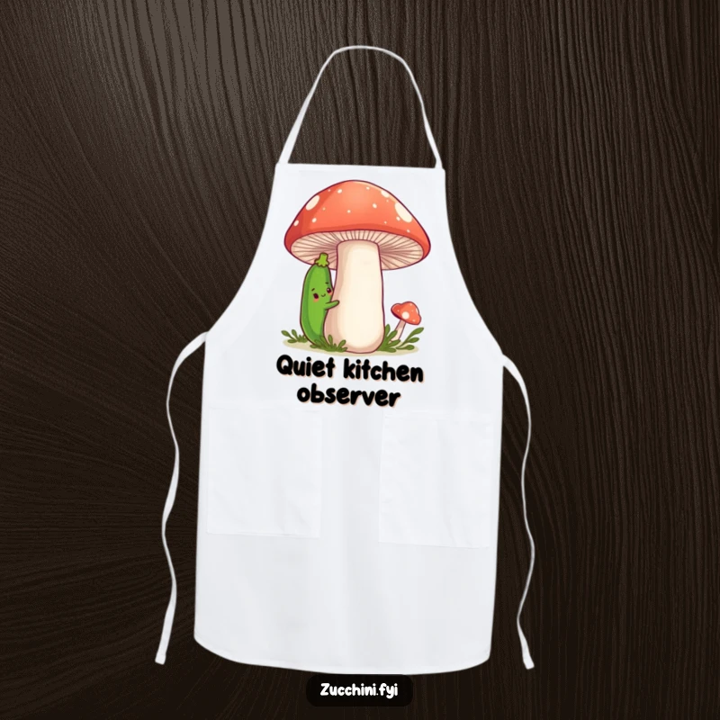 Funny Zucchini Apron showing a shy cartoon zucchini peeking from behind a large, friendly mushroom, designed for humorous kitchen moments.