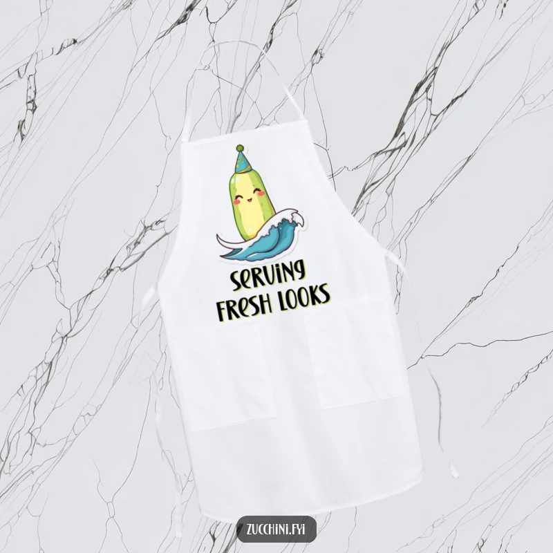 Funny Winking Zucchini Apron: A cheerful zucchini wearing a party hat winks while bobbing on a wave, bringing humor to your kitchen.