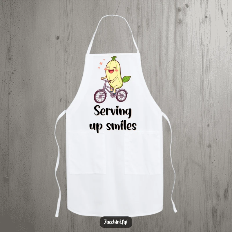 Funny Apron: A laughing kawaii zucchini rides a miniature bicycle, bringing cheerful vegetable humor to the kitchen.