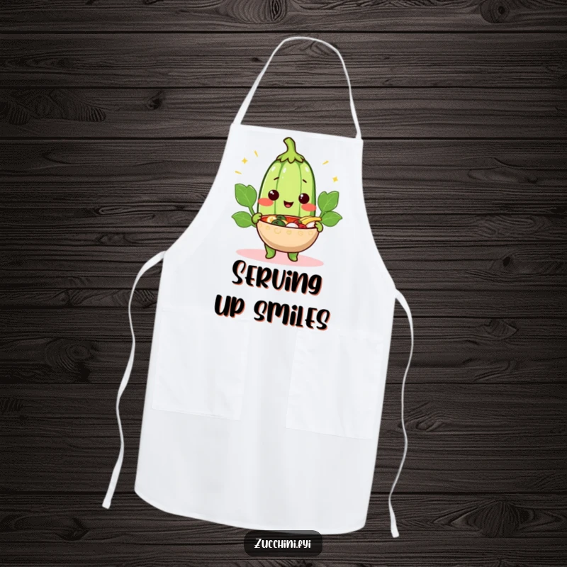 Funny cheerful zucchini apron showing a smiling vegetable offering a steaming bowl, perfect for cooking and sharing.