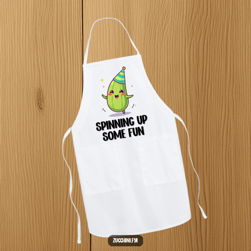 Funny apron featuring a zany zucchini with a party hat, spinning around, ready for a culinary adventure.