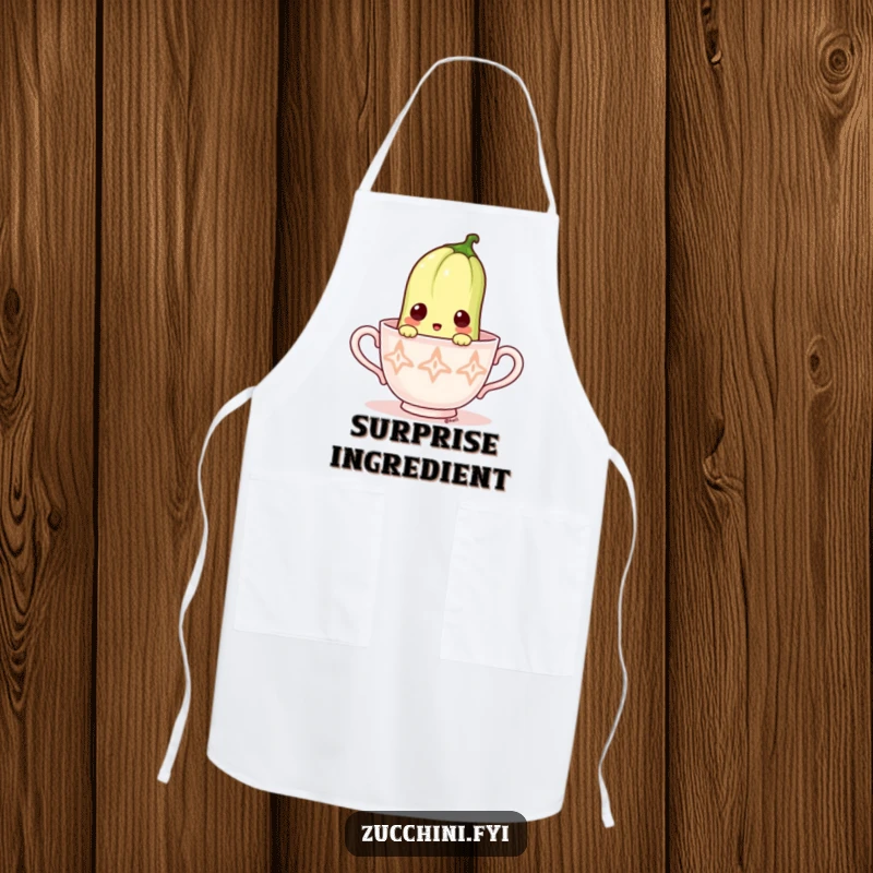 Funny Zucchini Apron: Surprised vegetable peeking from a tiny teacup, perfect for a fun and humorous kitchen atmosphere.