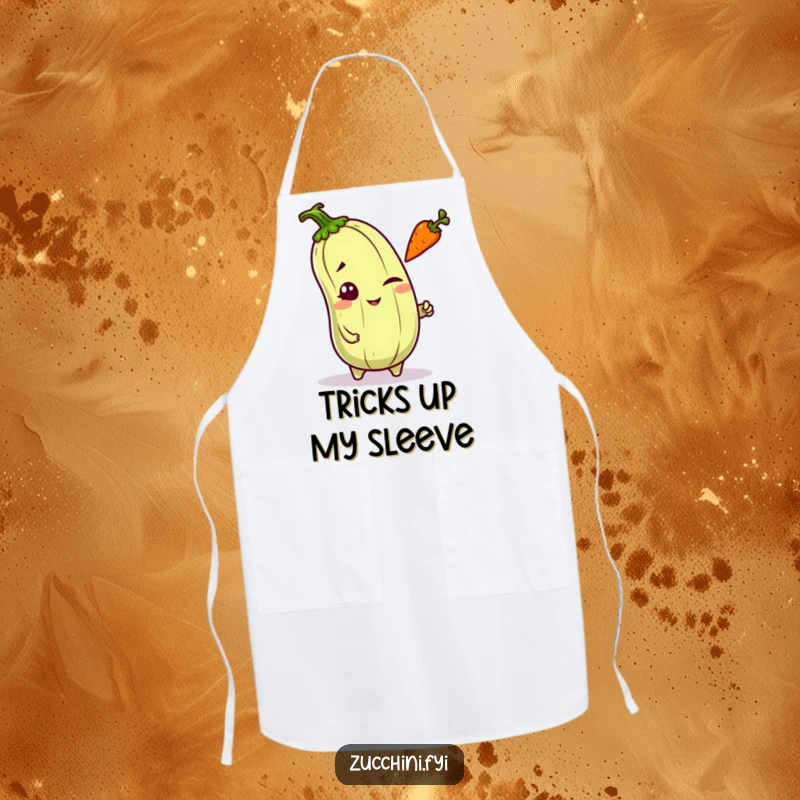 Funny mischievous kawaii zucchini winking and tossing a carrot, a playful and protective apron for cooking.