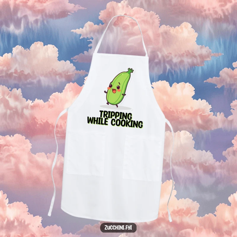Funny apron with a wobbly zucchini tripping over its feet, perfect for adding clumsy humor to kitchen activities.