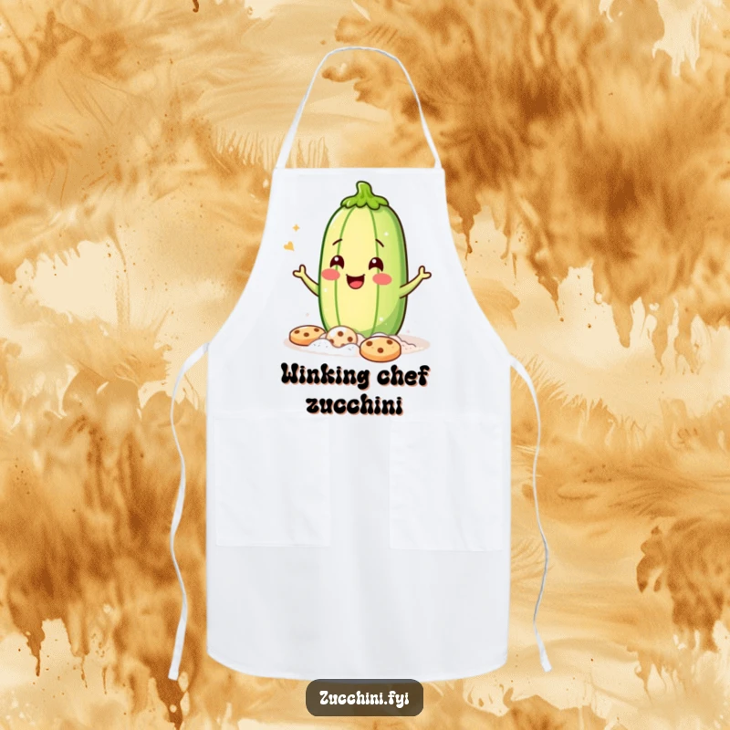 Funny Apron: A jubilant zucchini covered in flour, winking playfully while baking cookies, bringing hilarious kitchen fun.