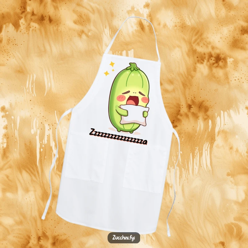 Funny sleepy zucchini yawning while holding a tiny pillow, on an apron, suggesting a humorous take on kitchen duties and relaxation.