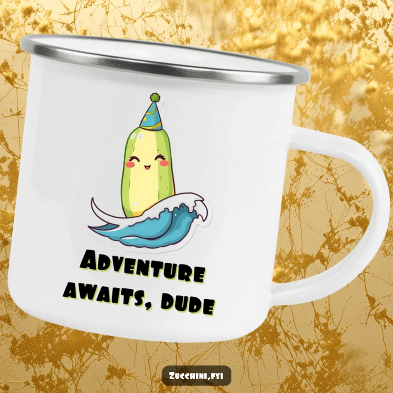 Funny Winking Zucchini Camping Mug: A winking zucchini in a party hat bobs on a wave, perfect for humorous sips during outdoor adventures.
