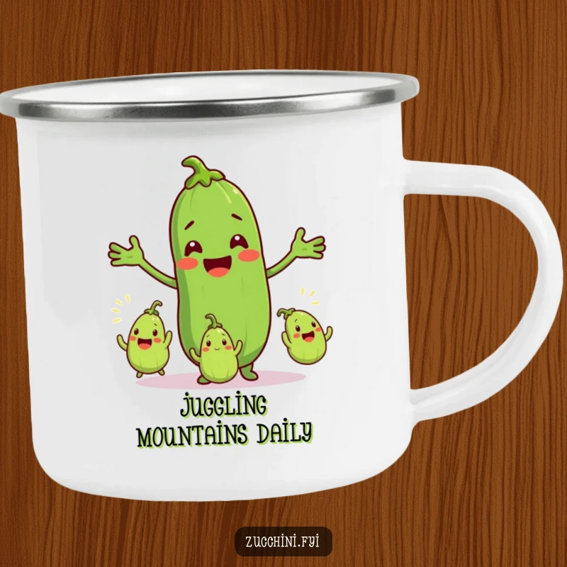 Funny camping mug with a smiling zucchini character juggling three excited mini zucchinis, bringing outdoor fun and vegetable humor to your travels.