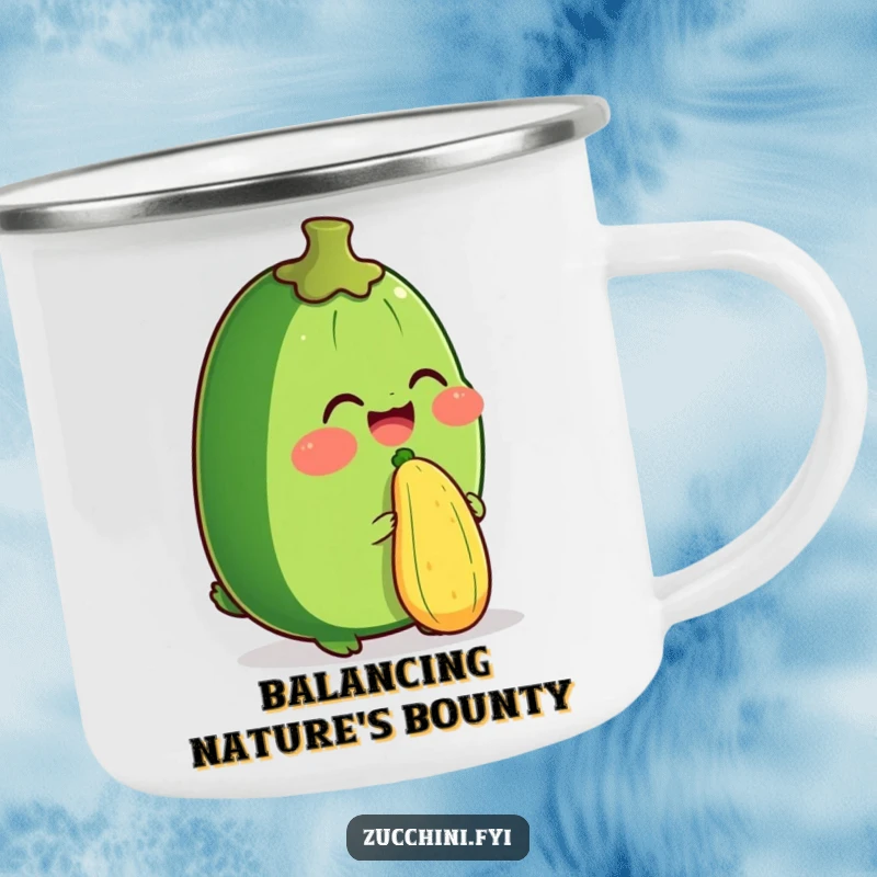 Funny camping mug showing a zucchini giggling while balancing a small zucchini on its nose, ideal for outdoor enthusiasts.