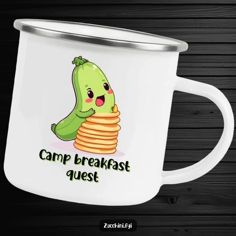 Funny camping mug featuring a determined zucchini balancing a wobbly stack of pancakes, perfect for outdoor motivation.