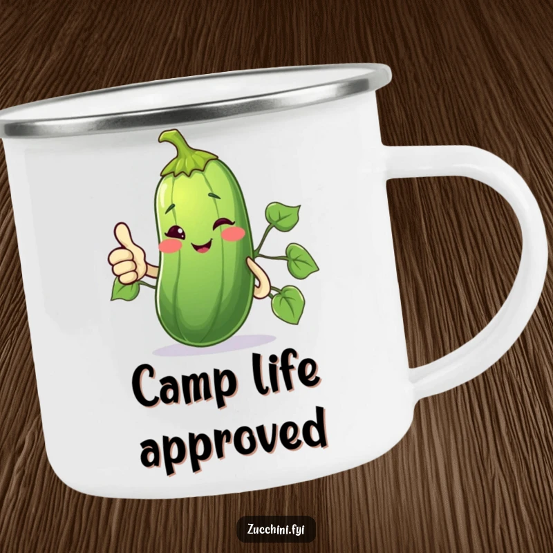 Funny Camping Mug with a winking zucchini giving a thumbs up with its vine, conveying approval and fun.