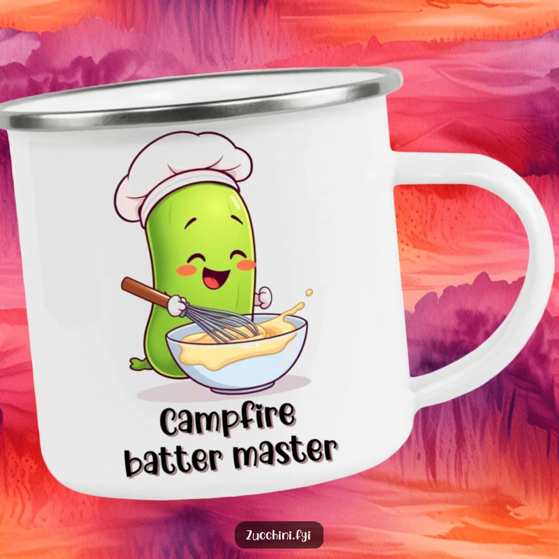Funny zucchini chef whisking batter on a durable camping mug, great for outdoor humor.