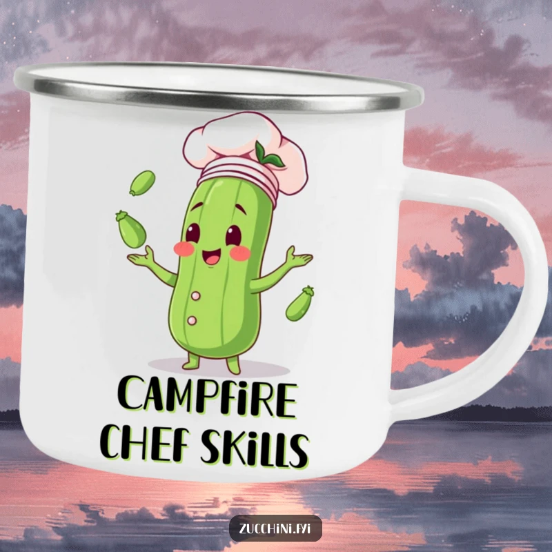 Funny camping mug with a zucchini wearing a chef hat, gleefully juggling baby zucchinis, ideal for enjoying beverages during outdoor meals.